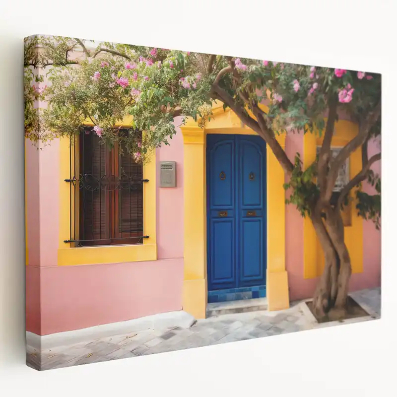 Blue Door Wall Art - Vibrant Door Canvas Print with Yellow Accents Next Day Delivery