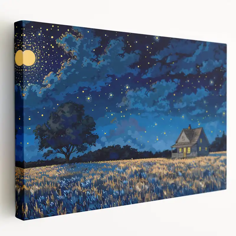 Starry Night House Wall Art - Cozy Cottage Canvas Print with Night Sky Direct From Factory