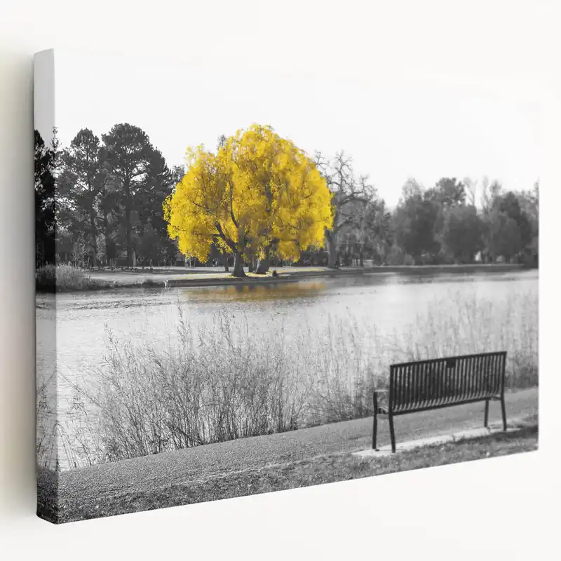 Price Cut Yellow Tree by Lake Wall Art - Bold Monochrome and Color Landscape Print