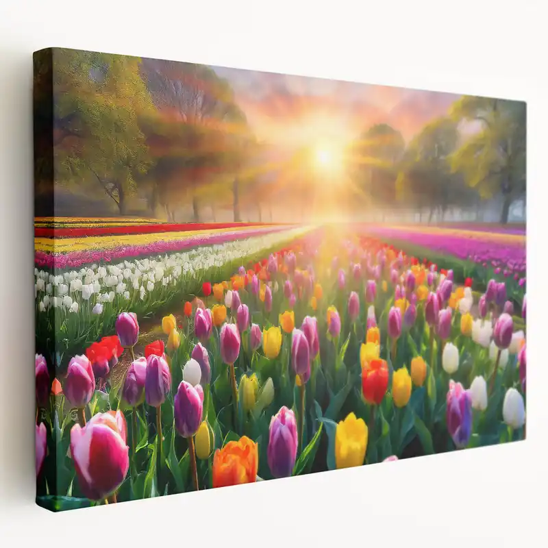 Sunrise Tulip Field Wall Art - Vibrant Floral Landscape Canvas Print Cheap