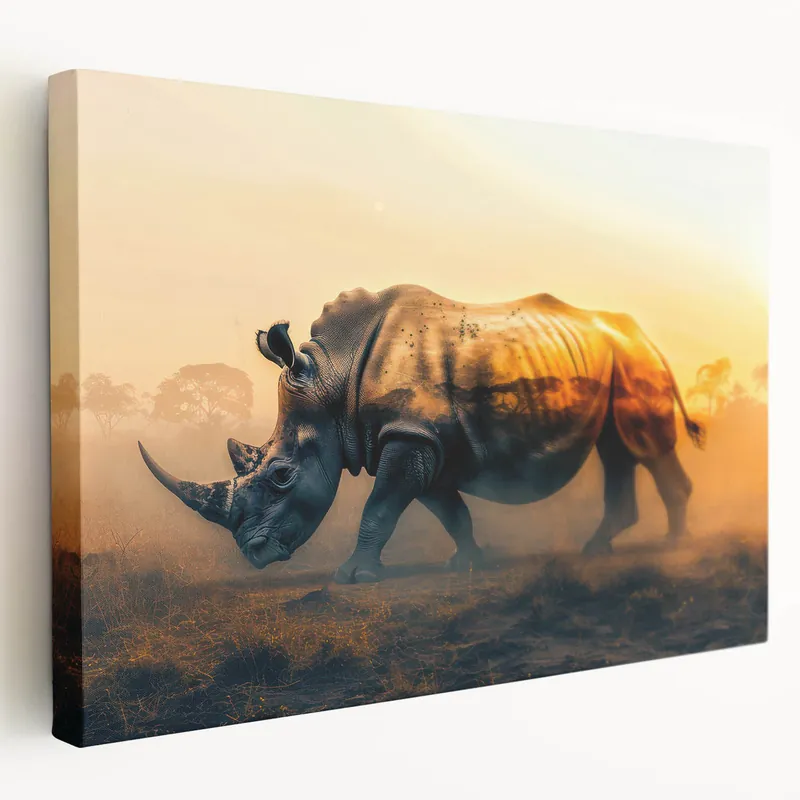Golden Hour Rhinoceros Wall Art - Rhino Canvas Print & Safari Decor Original