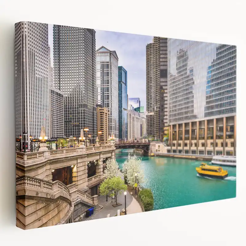 Super Sale Chicago Skyline Wall Art - Riverfront with Yellow Water Taxi Cityscape