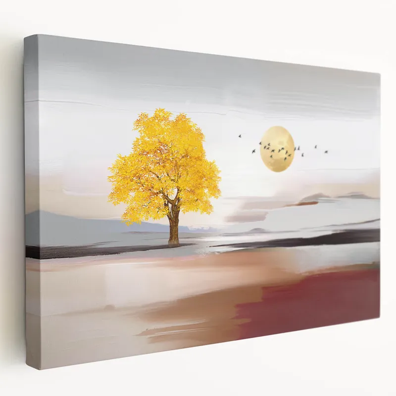 Hot Deal Autumn Tree Abstract Strokes and Lines Art with Golden Sun