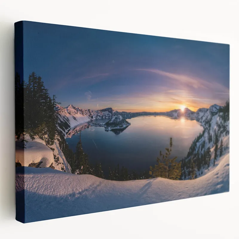 Secure Checkout Crater Lake Sunset Wall Art - Winter Sunrise Over Snowy Crater Lake