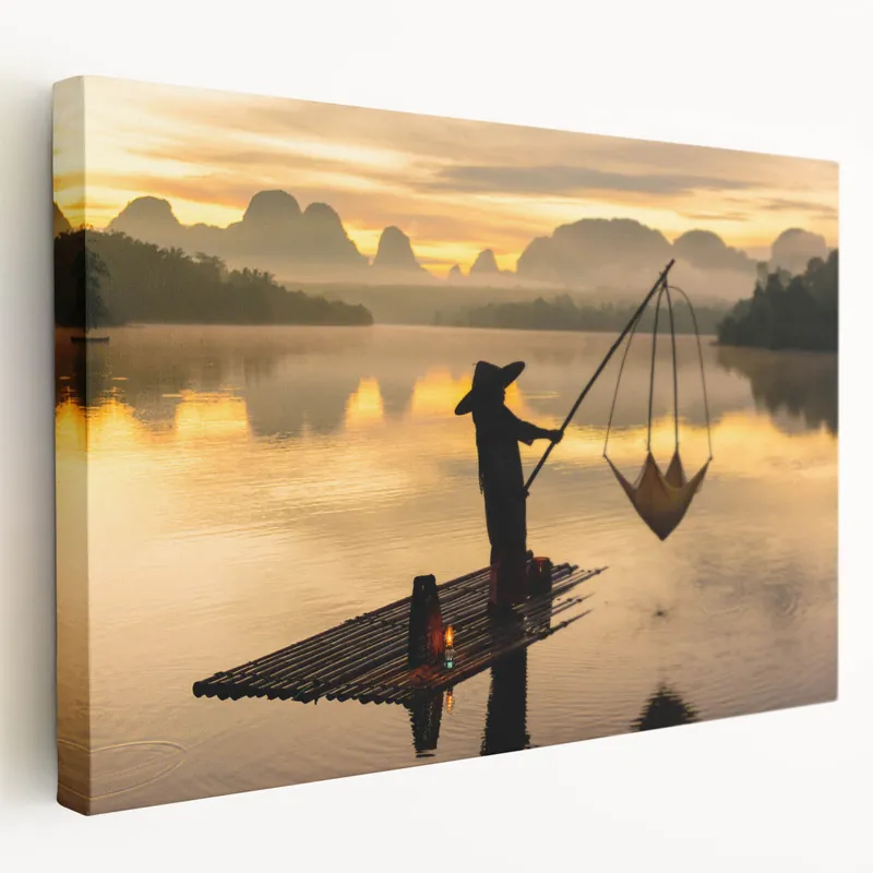 Worldwide Shipping Thai Dawn Fishing - Silhouette Art on Misty River Canvas Print
