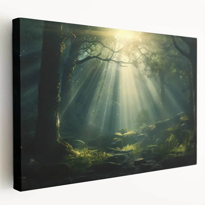 Sunbeams in Enchanted Forest Art - Serene Nature Landscape Decor In Demand