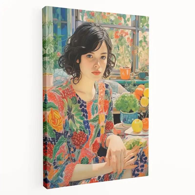 Vintage Portrait Art - Vibrant Floral Woman Retro Wall Decor Free Shipping