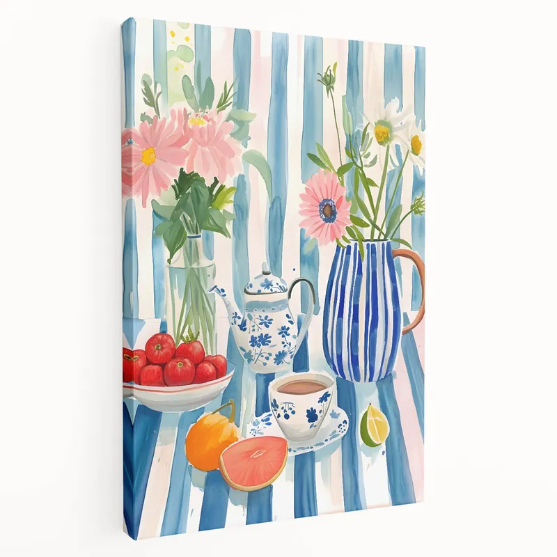 Weekend Sale Charming Tea & Fruit Still Life – Elegant Kitchen Wall Art