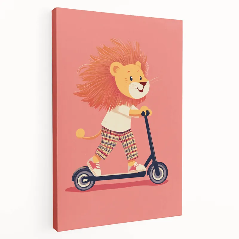 Worldwide Shipping Lion on Scooter Illustration for Kids -Playroom Wall Art