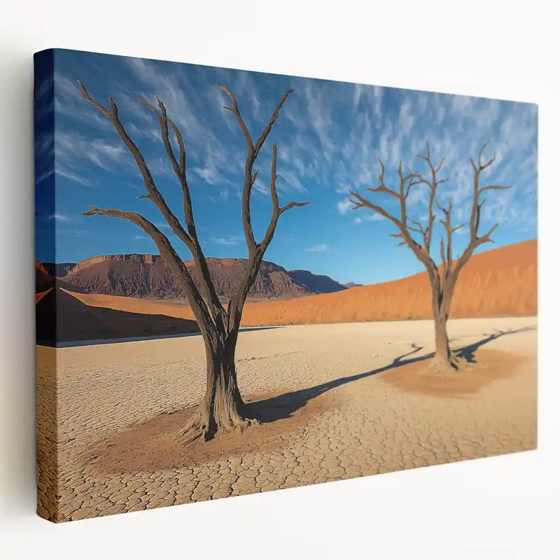 Barren Beauty - Bare Trees in Vibrant Desert Canvas Art Grab Now