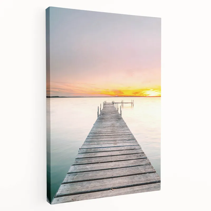Cheap Sunset Canvas Art - Wooden Pier with Golden Horizon Landscape