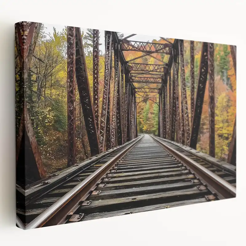 Modern Rustic Railway Bridge Wall Art - Autumn Landscape Canvas Print