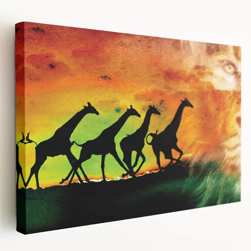 Brand New Giraffe Silhouettes and Lion Illustration - Wildlife Painting Wall Art
