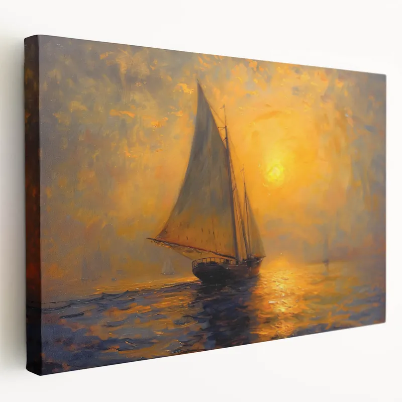 Sunset Glow Canvas - Sailboat on Golden Horizon Abstract Wall Art Hot Deal