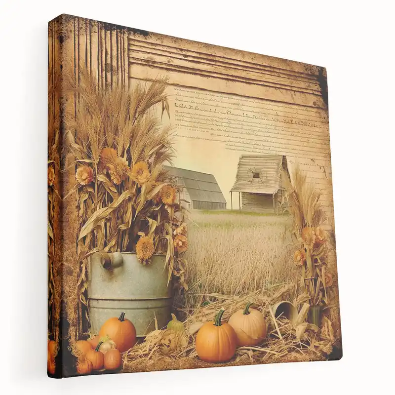 Weekend Sale Farmhouse Wall Art with Pumpkins and Wheat - Rustic Country Style Decor