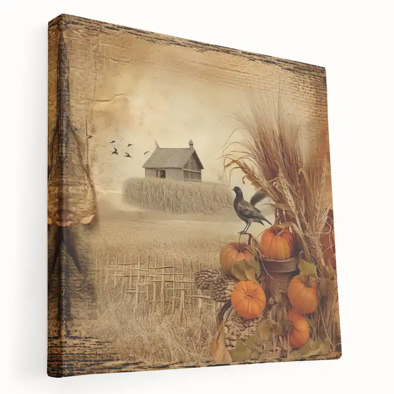 Farmhouse Wall Art with Pumpkins and Wheat - Vintage Country Style Decor Money Back Guarantee