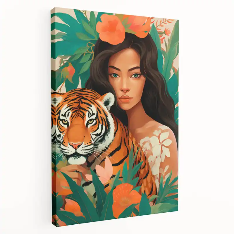Bulk Order Maximalist Wall Art – Bold Portrait of Woman and Tiger with Floral Accents