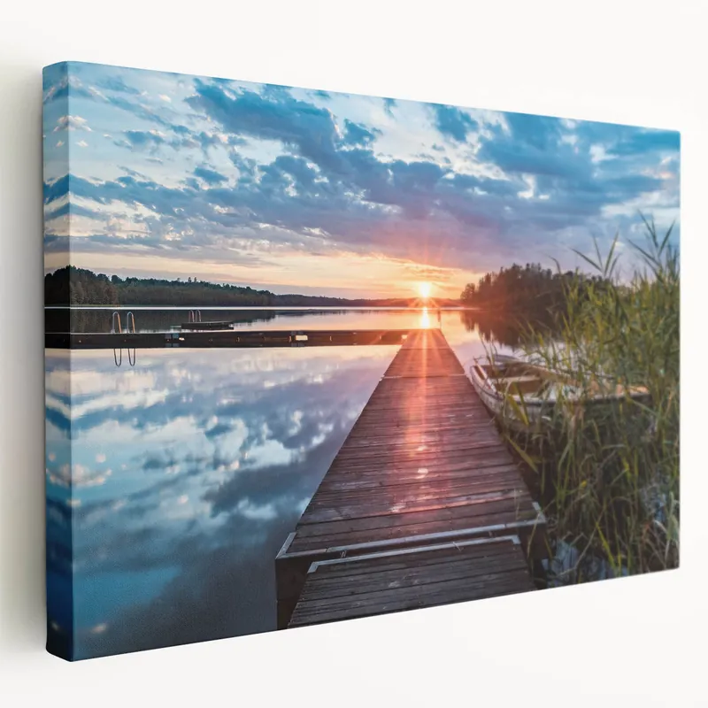Don’t Miss Out Sweden Wall Art - Sunset Over Lake with Wooden Dock and Calm Waters