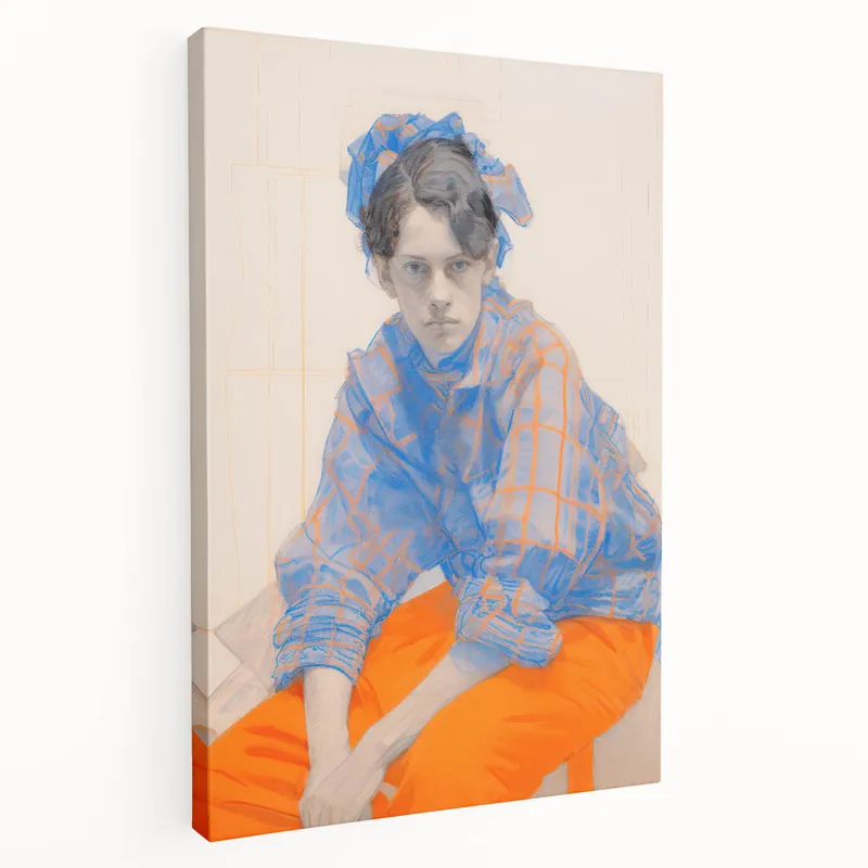Maximalist Wall Art: Bold Blue and Orange Portrait for Eclectic Spaces Premium