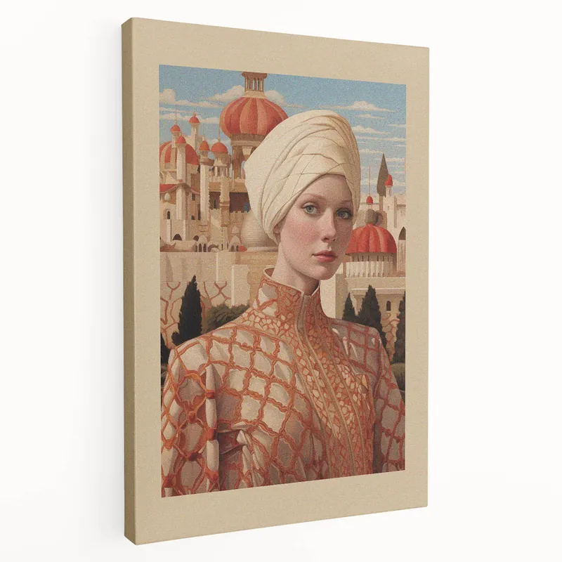 Hassle-Free Returns Electric Wall Art – Elegant Portrait of Woman in Palace Setting Electric Print