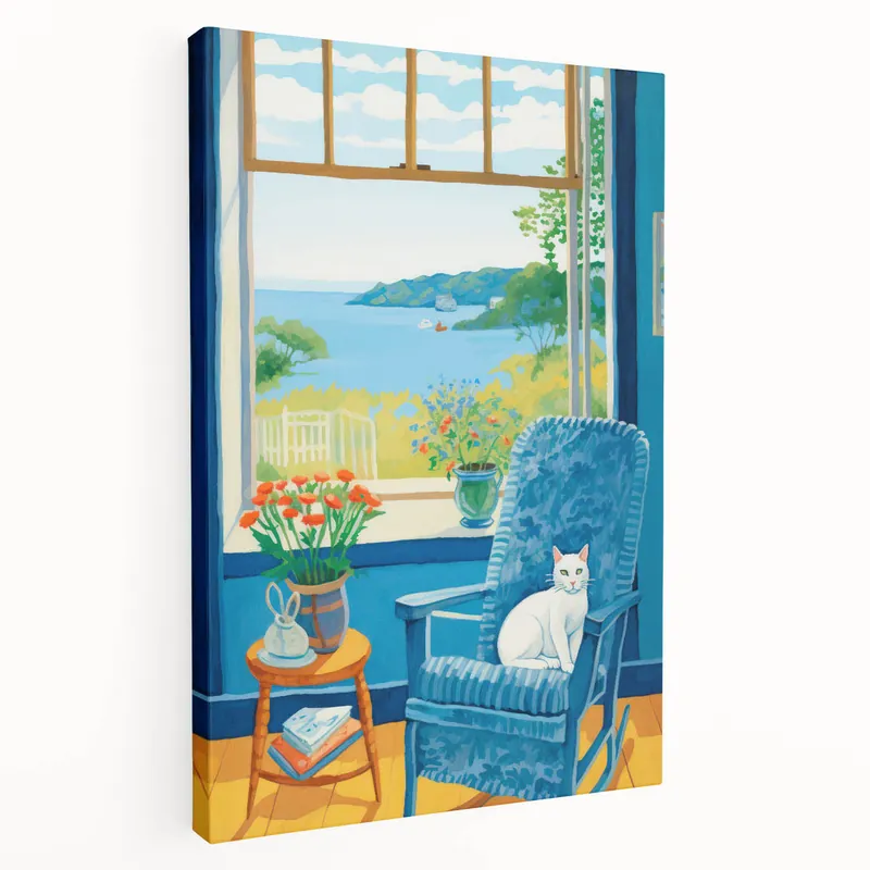 Buy Today Maximalist Wall Art - Cozy Seaside Scene with Cat - Vibrant Decor Piece