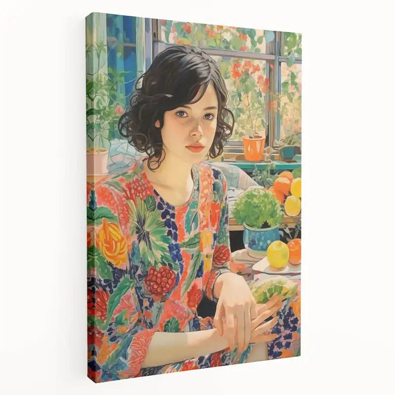 Cheap Electric Wall Art – Vibrant Floral Portrait Print of Woman in Garden