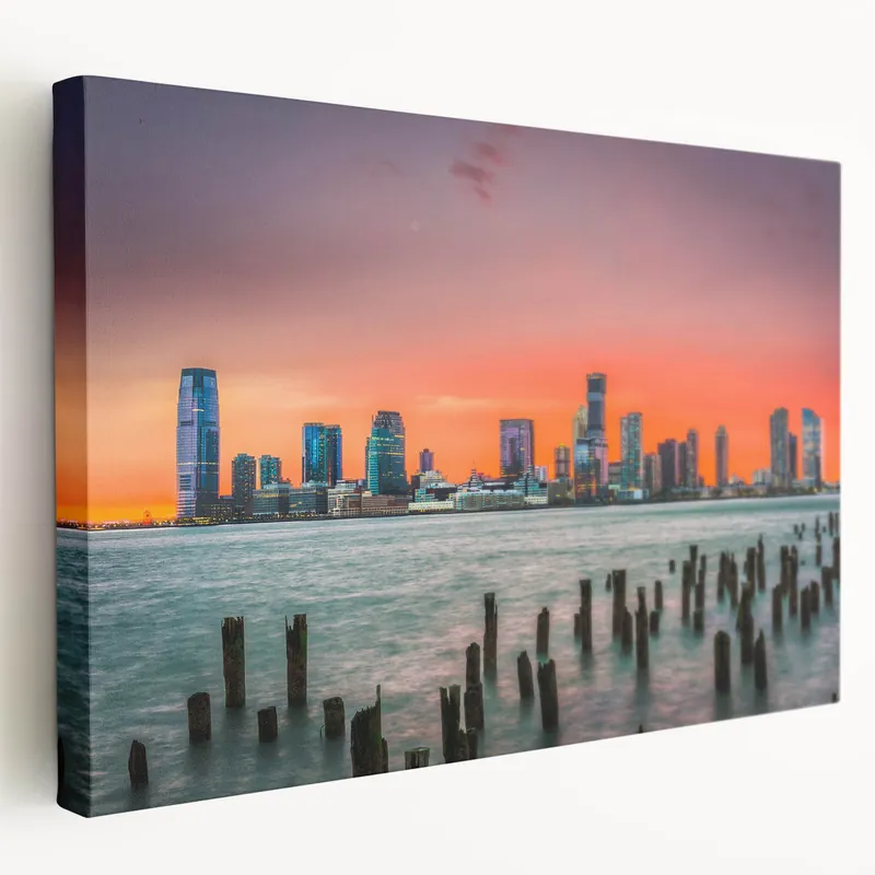 New Jersey Skyline Prints – Vibrant Sunset Over Jersey City Waterfront Affordable