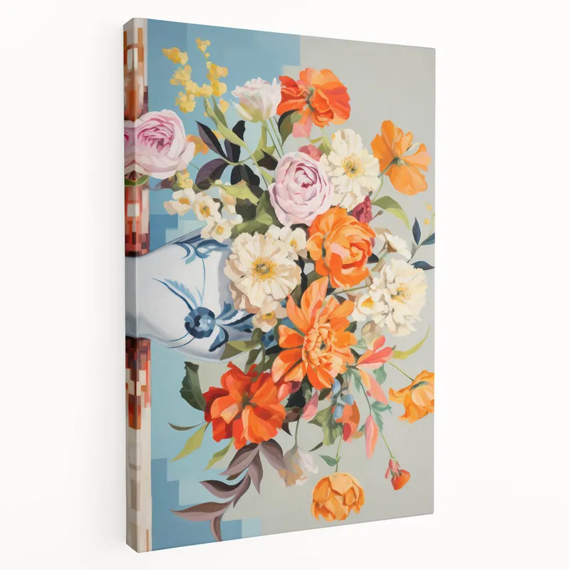Electric Floral Wall Art - Vibrant Bouquet in Modern Vase with Pastel Hues Free Shipping