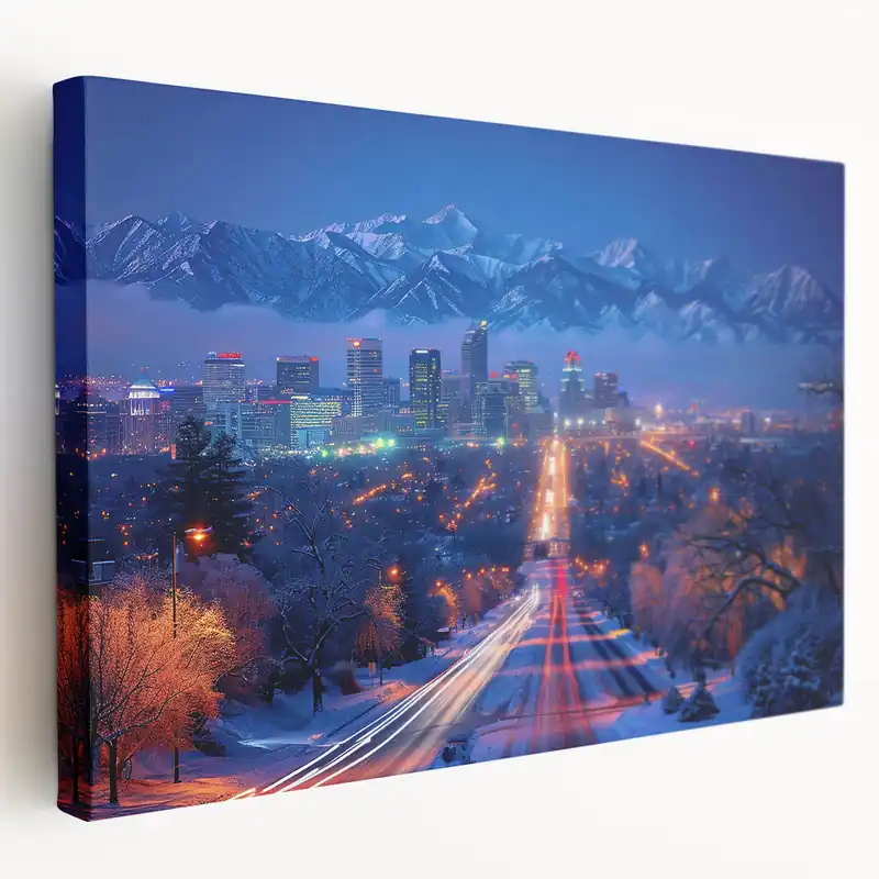 New Arrival Salt Lake City Framed Art - Winter Night Skyline Utah Scenic Wall Decor