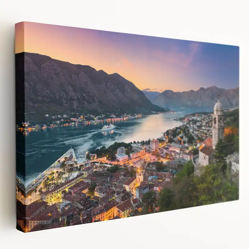 Montenegro Travel Art - Scenic Kotor Bay and City Lights at Dusk Shop Now