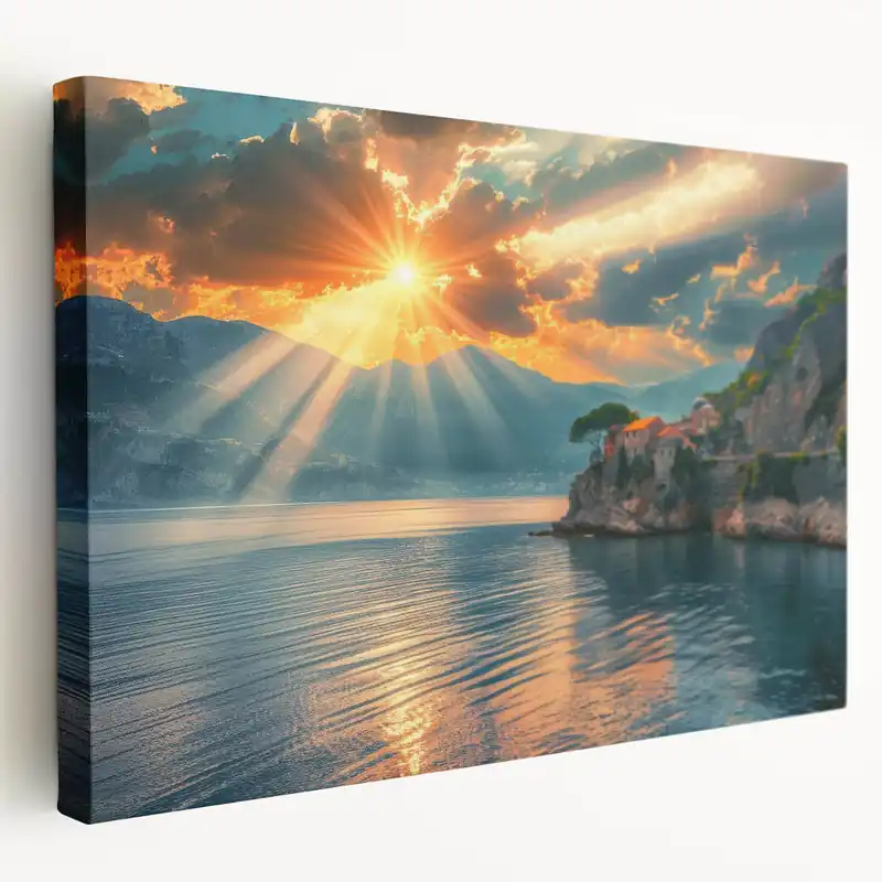Mediterranean Coast Canvas - Sunrays Over Cliffside Village at Sunset Art Factory Price