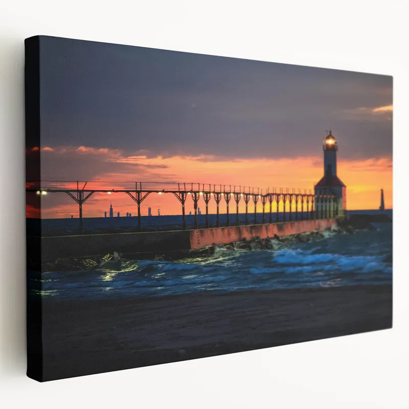 Indiana Wall Art - Lighthouse at Sunset Scenic Indiana Prints for Home Decor Limited Offer