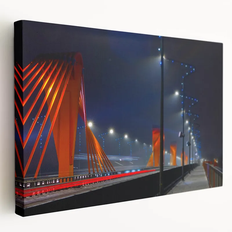 Riga Cityscape Art - Illuminated Bridge at Night with Vibrant Colors Price Cut