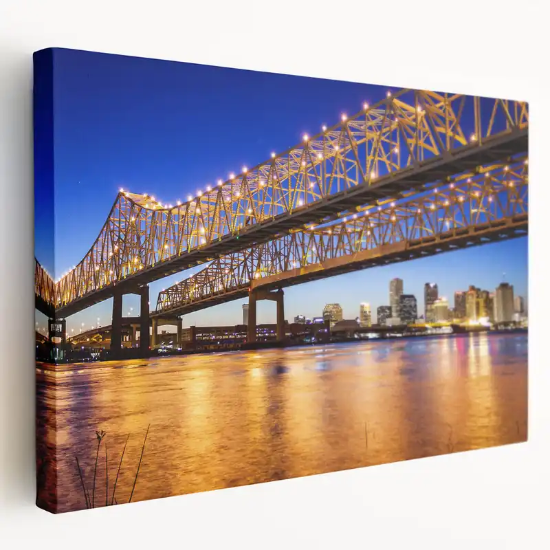 New Orleans Skyline Art – City Lights and Bridge Over Mississippi River Low Price