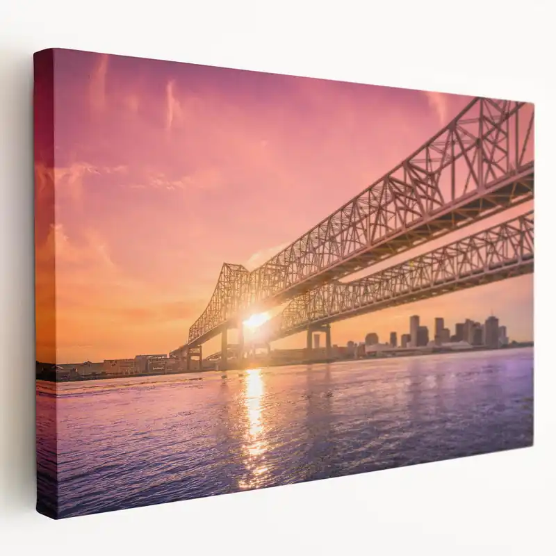 New Orleans Skyline Art – Sunset Over Crescent City Connection Bridge Professional Grade