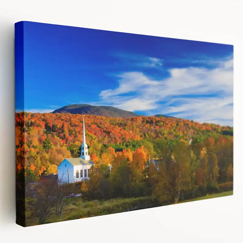 Deal Vermont Autumn Landscape Art - Scenic Church and Mountains Canvas Print