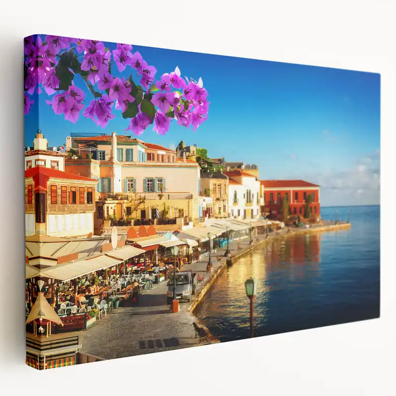 Crete Scenery Wall Art - Colorful Chania Waterfront with Bougainvillea Low Price
