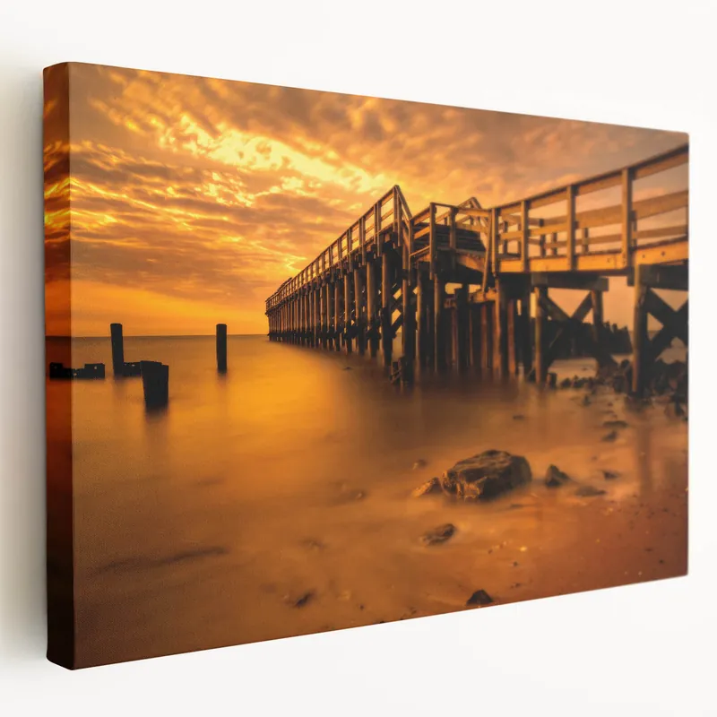 Delaware Coastal Art – Golden Sunset over Pier Scenic Canvas Print Sale