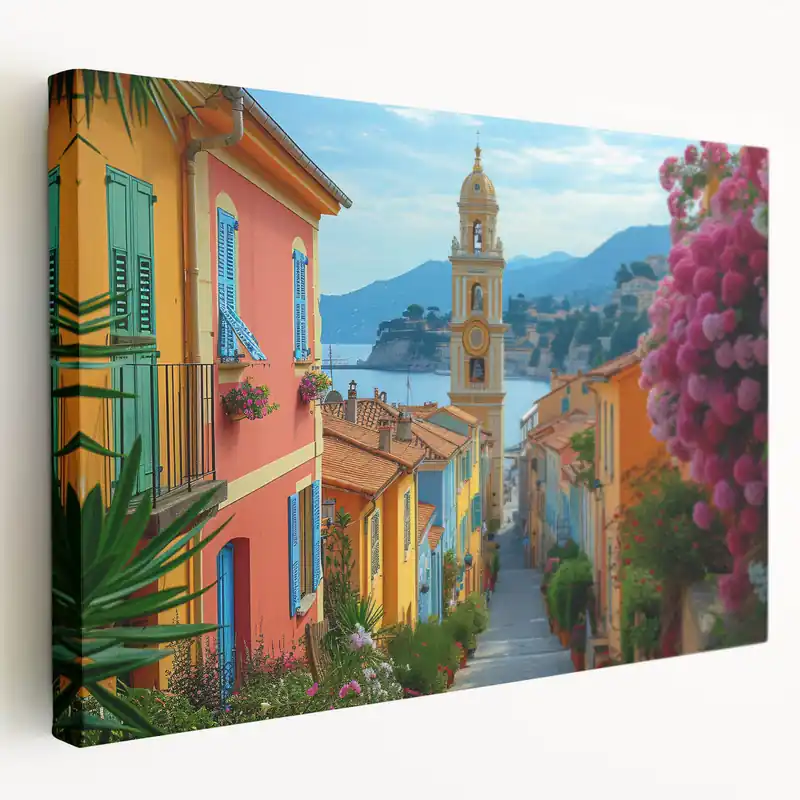 Worldwide Shipping Nice Cityscape Art - Colorful Street with Church and Floral View