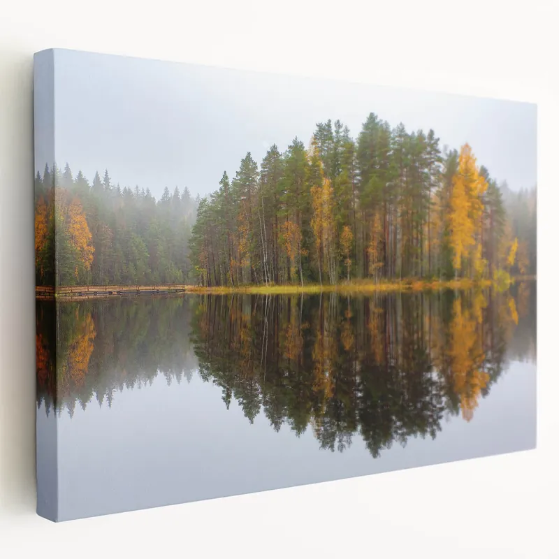 Scenic Finland Art - Misty Forest Reflection on Lake Finnish Nature Print Save Now