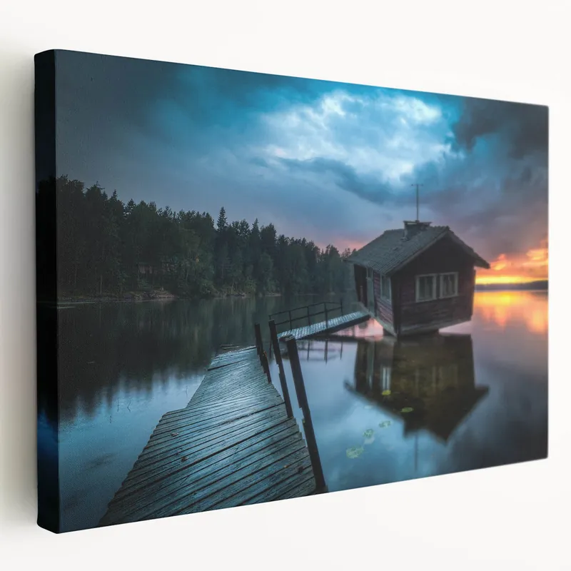 Finnish Nature Canvas - Moody Lakeside Cabin at Sunset Nordic Wall Art Time-Limited