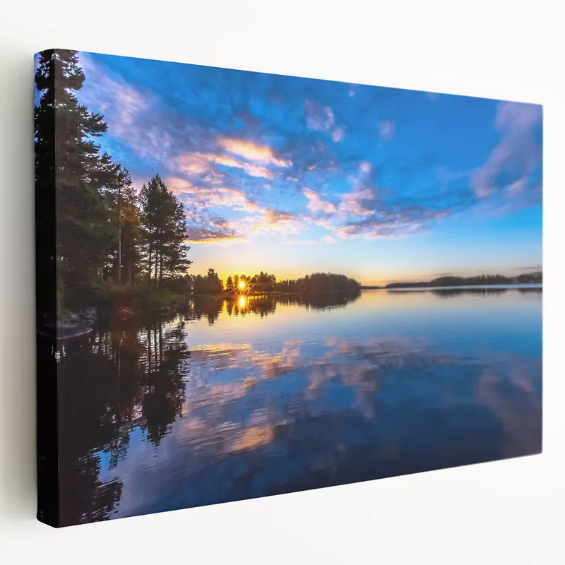 Finnish Nature Canvas - Serene Sunset Over a Reflective Lake Landscape Today Only