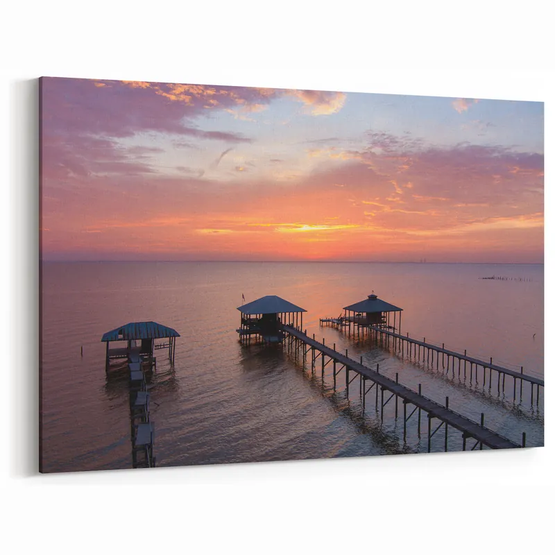 Tranquil Coastal Landscape Print – Alabama Wall Art Sunset Over Docks Worldwide Shipping