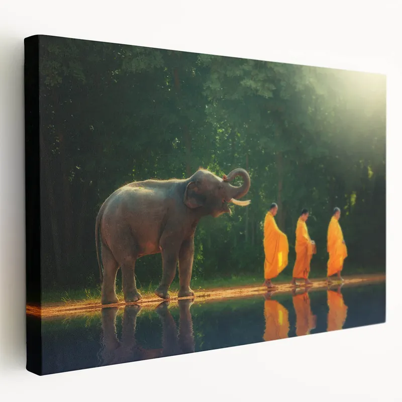 Thai Elephant and Monks - Serene Morning Walk Canvas Print Genuine