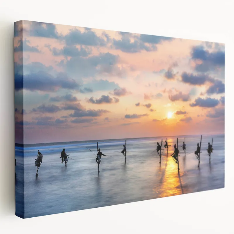 Tropical Sri Lanka Wall Decor - Traditional Stilt Fishermen at Sunset Final Sale