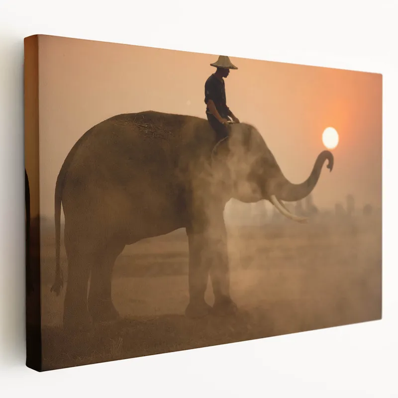 Sri Lanka Canvas Art - Elephant and Mahout at Sunset on Canvas New Arrival