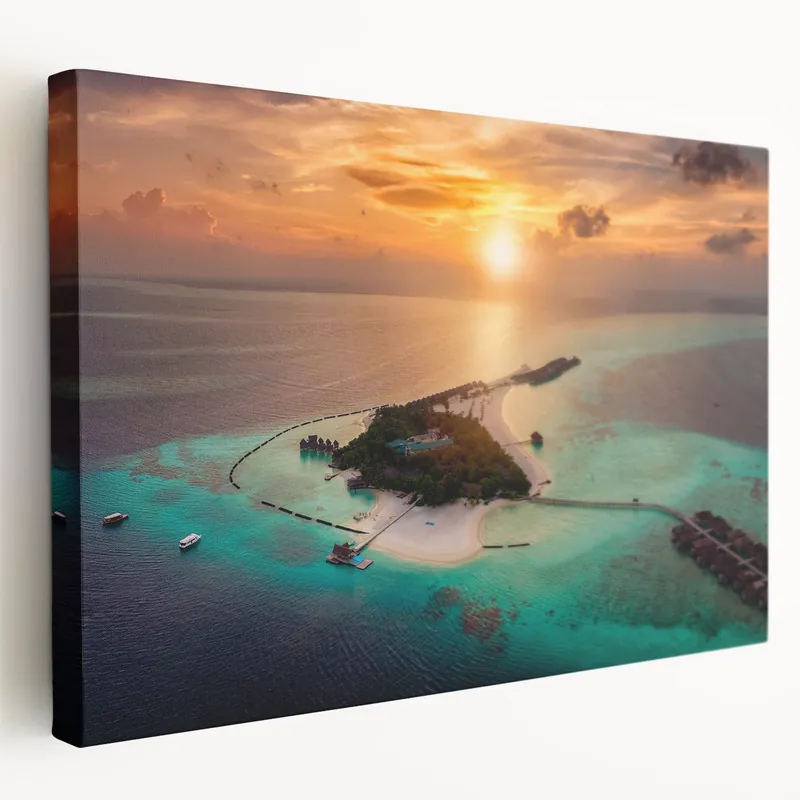 Golden Maldives Sunset Art - Scenic Island Aerial Canvas Print One Day Deal