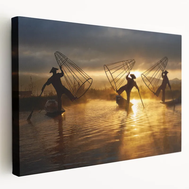 Fishermen in Golden Light Myanmar Wall Art - Inle Lake Morning Scene While Supplies Last
