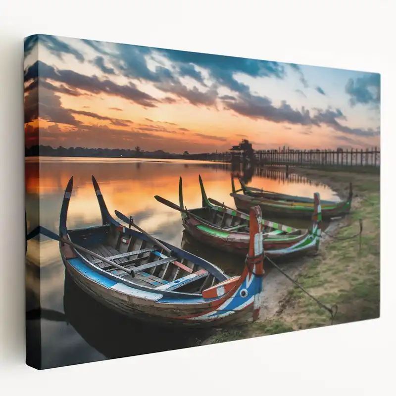 Sunset Serenity Myanmar Wall Art - Traditional Boats at U Bein Bridge Limited Time