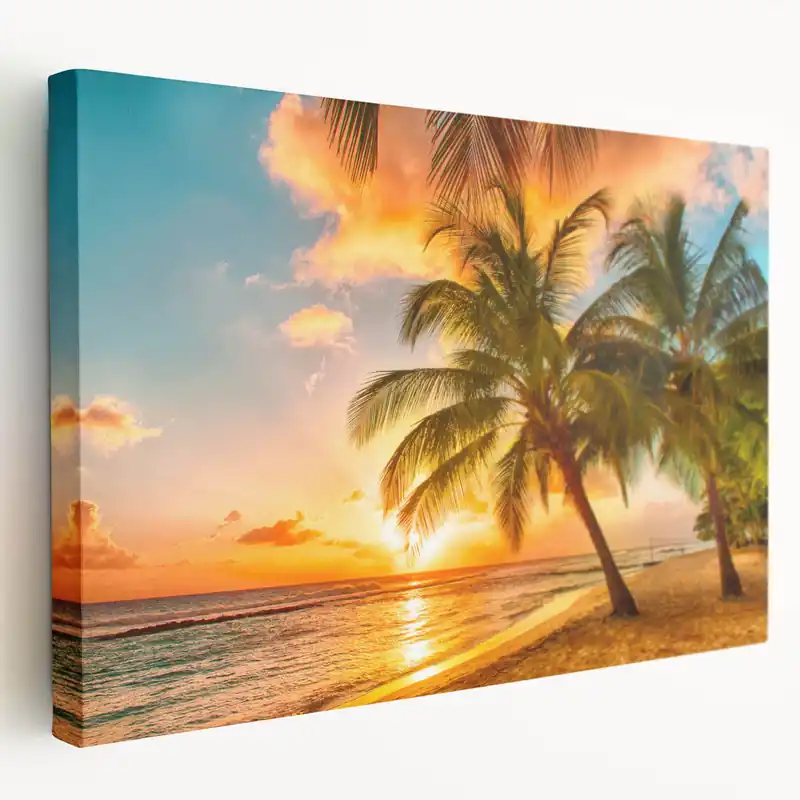 Barbados Wall Art – Sunset Beach Scene with Palm Trees, Tropical Decor Worldwide Shipping
